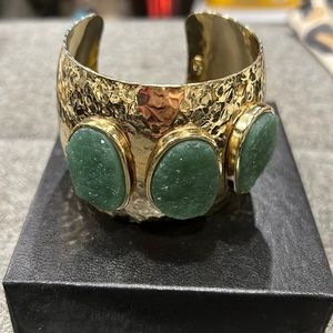 RJ Graziano chunky gold cuff bracelet with 3 jade stones